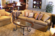 floral and plaid pillows with a silk and chenille table skirt 
