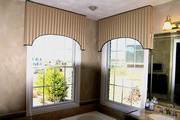 bathroom windows with tan cornices piped in black with motorized shades.
